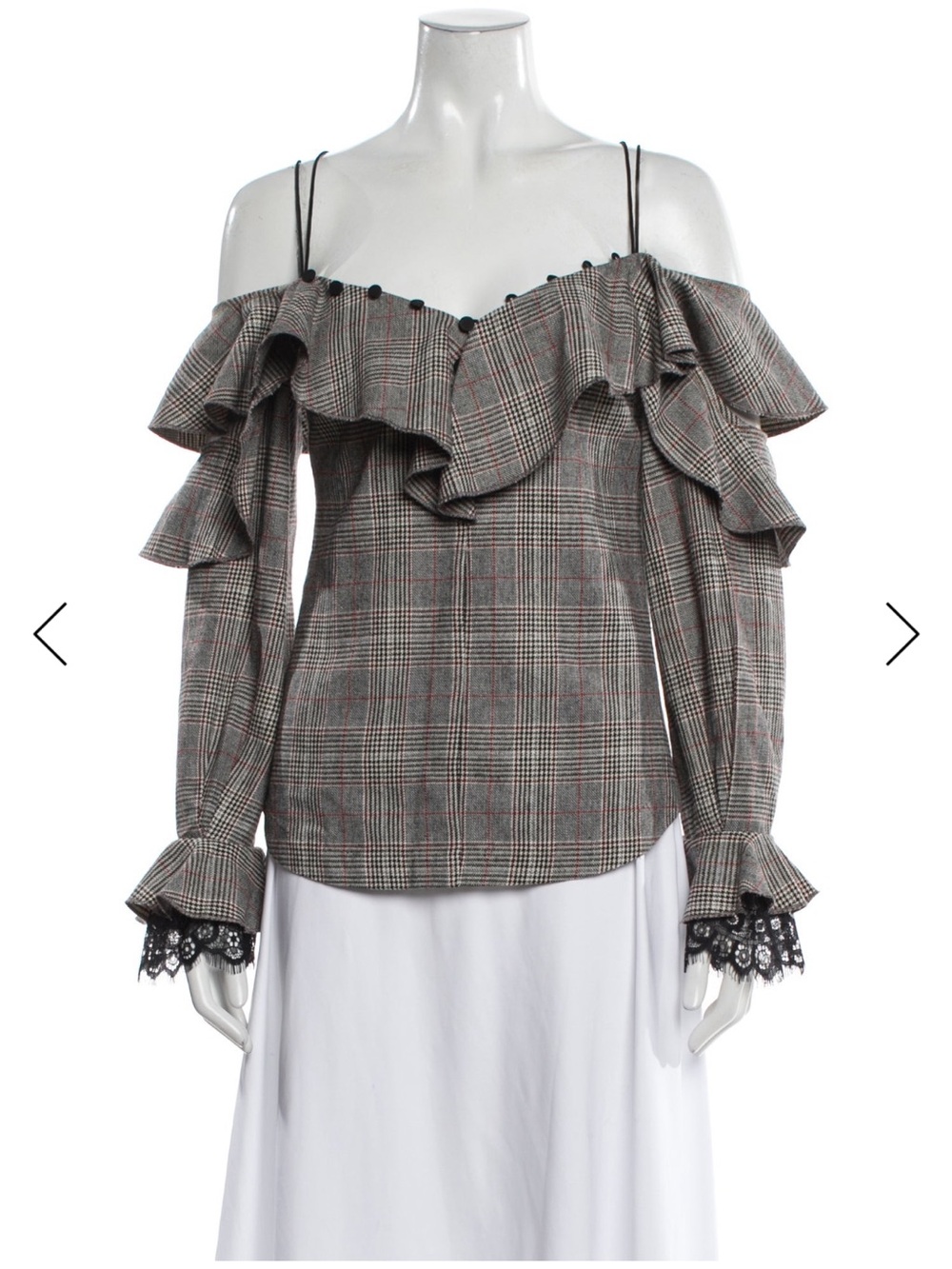 Self-Portrait Gray Plaid Off-Shoulder Ruffle Blouse with Lace Cuffs